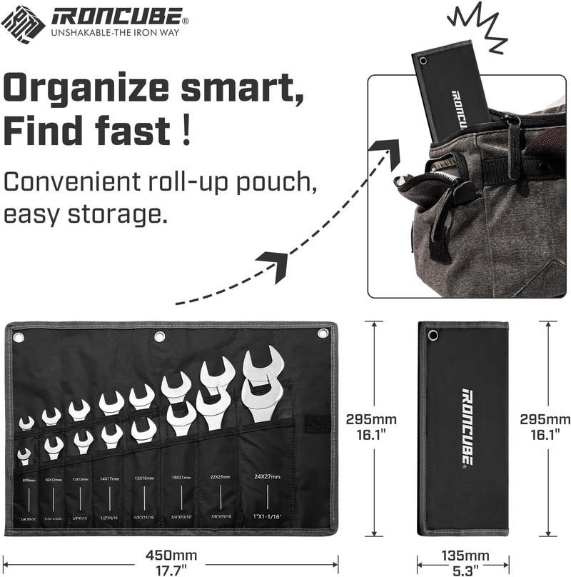 ironcube 16-Piece Super-Thin Double Open End Wrench Set: 3mm Extra-Slim Profile for Tight Spaces – Complete SAE & Metric Sizes – Full Range Tool Kit for Car Repair, Garage & Home - Image 4